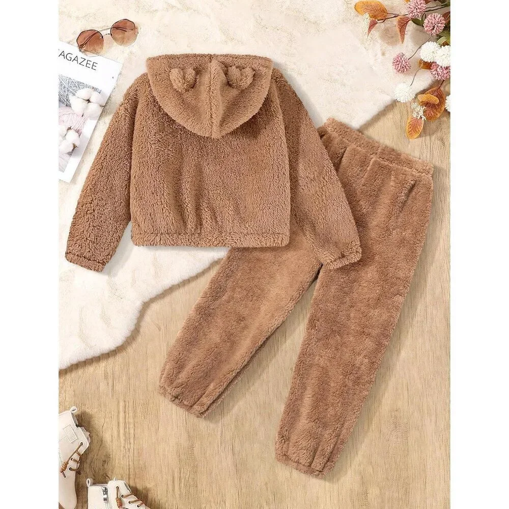 Girls Fuzzy Bear Ear Plaid Hoodie Pullover Sweatshirt with Pocket Sweatpants Fal